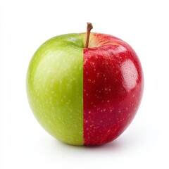 Half green half red apple isolated on white background, concept of contrast, diversity and balance in nature, fresh hybrid fruit symbolizing difference and unity
