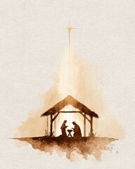 Watercolor nativity scene illustration showing Mary and Joseph with baby Jesus in the manger under the bright Bethlehem star, minimalist beige Christmas art with warm tones
