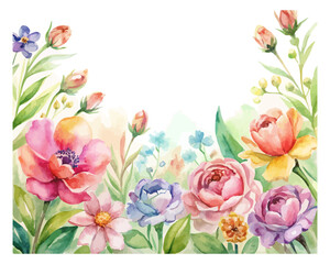 Watercolor Garden Flowers Border vector illustration