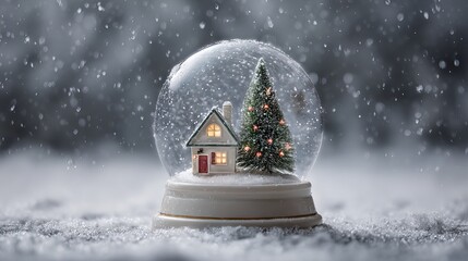Cozy Christmas snow globe with tiny house and fir tree in falling snow, glass crystal ball holiday decoration, warm festive glow, magical scene with copy space for greeting card and branding