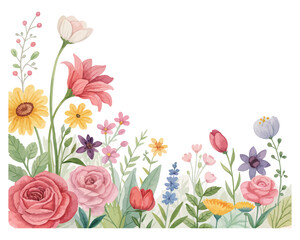 Watercolor Garden Flowers Border isolated on white background