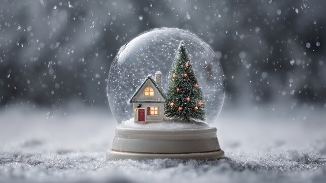 Cozy Christmas snow globe with tiny house and fir tree in falling snow, glass crystal ball holiday decoration, warm festive glow, magical scene with copy space for greeting card and branding