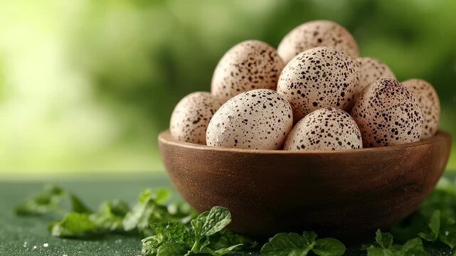 Speckled eggs in wooden bowl, mint garnish, blurred green background