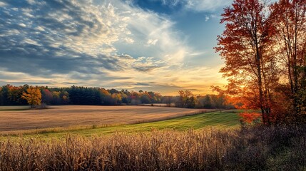 Obraz premium A beautiful sunrise over a field with fall foliage and a single tree in the foreground.