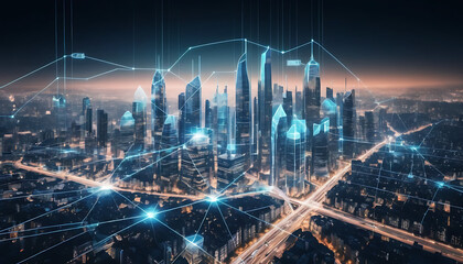 futuristic city skyline with digital data overlay, representing smart property investment and AI-driven real estate analytics, glowing grid lines and holographic buildings