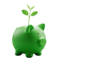 Green piggy bank with a small plant growing from it isolated on transparent background