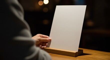 Naklejka premium Person reading a blank menu card at a restaurant.