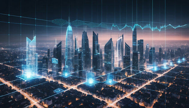 futuristic city skyline with digital data overlay, representing smart property investment and AI-driven real estate analytics, glowing grid lines and holographic buildings