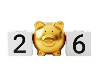 Golden piggy bank between blocks showing the year 2016 isolated on transparent background