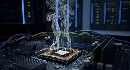 Close-up view of an overheated computer processor emitting smoke from the motherboard inside a dark server room.