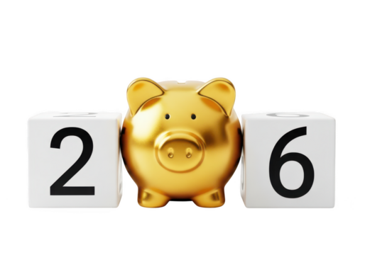 Golden piggy bank between blocks showing the year 2016 isolated on transparent background