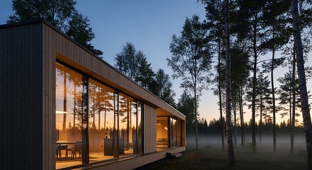 Fototapeta premium Modern House Exterior at Dusk with Forest Backdrop.
