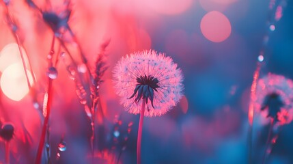 A close-up of a dandelion with a pink and blue bokeh background.