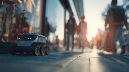 Delivery Robot Navigates Busy City Street During Sunset With Pedestrians in the Background
