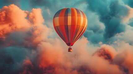 Fototapeta premium A colorful hot air balloon floats in the sky, surrounded by dramatic clouds at sunset.