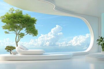 Fototapeta premium Serene Modern Living Space with Stunning Ocean View and Lush Greenery Under Bright Sky