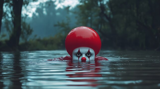 A creepy clown with a red wig and white makeup emerges from a dark, murky water in a spooky forest. - Powered by Adobe