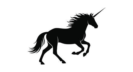 Silhouette of a majestic black unicorn with a flowing mane and tail rearing up on a white background