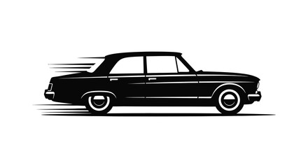 Vintage black car in motion with speed lines suggesting fast travel on a white background