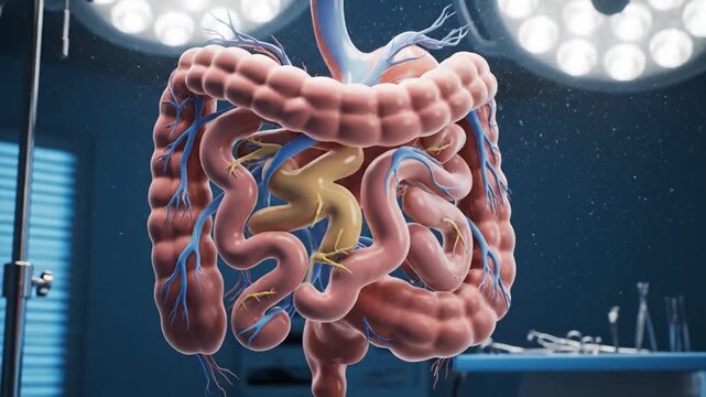 Anatomical Animation of Human Digestive System with Appendicitis with Surgical Lights and Backdrop in Clinical Room Setting Presentation of Gastrointestinal Tract in Operation Room