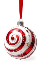 Christmas ornament with red and white stripes, silver accents, and hanging ribbon