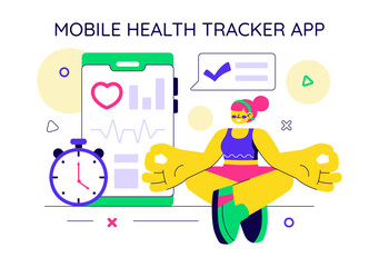 Mobile Health Tracker App Illustration Featuring Telemedicine Device For Heartbeat, Temperature, And Body Activity Monitoring To Mental Wellness