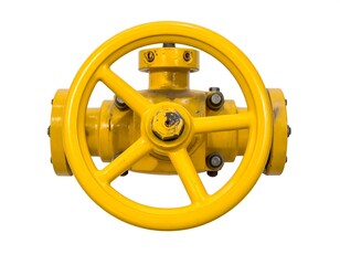 Close-up of a bright yellow valve, handle, bolts, and machinery