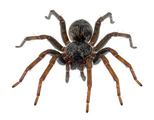 Close-up of a brown spider with eight legs against white background