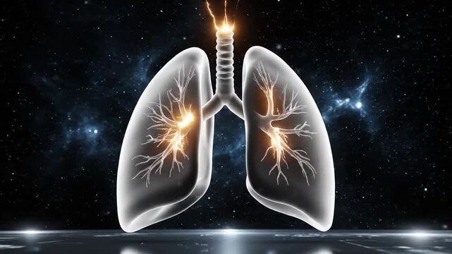 Anatomical Lungs with Bronchial Tree Illustration with Fire Sparks on a Dark Abstract Cosmic Background Representing Respiratory System Health and Pulmonary Function Animated Graphic