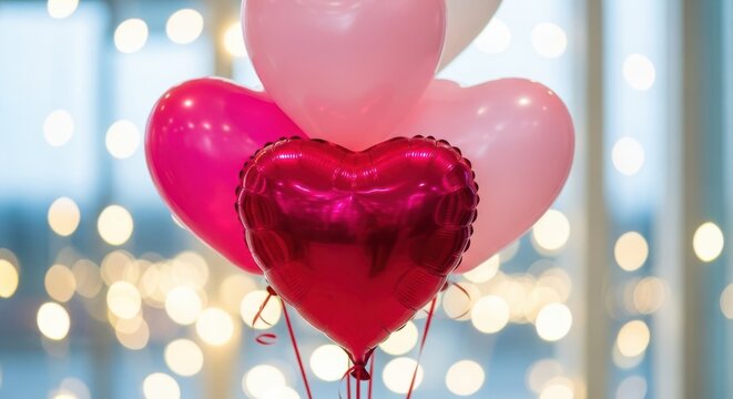 Love's Air: A collection of heart-shaped balloons, symbolizing affection and joy, floats gracefully against a backdrop of soft bokeh lights. Capturing the spirit of romance and celebration.