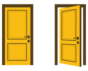 Closed and Open Yellow Doors with Brown Frames Vector Illustration