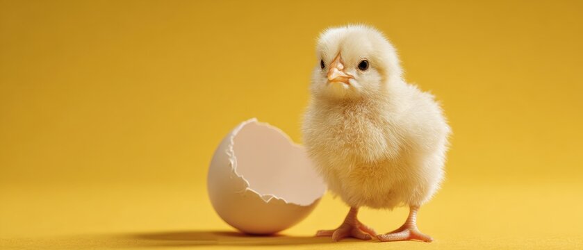 Close up of a newborn chick with cracked eggshell on a yellow backdrop