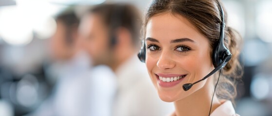 Smiling customer service representative with headset in bright office