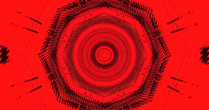 Seamless tunnel video vj loop screensaver with bright red hues and geometric patterns