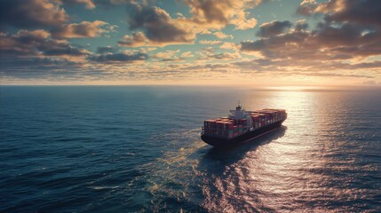 Obraz premium vessel. Cargo ship with colorful containers on open ocean during sunset with golden water reflections, inspiring travel planning, mobility guides, designed for transport & logistics marketing.