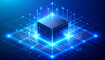 A glowing digital cube representing a central processing unit with interconnected data lines and light beams.