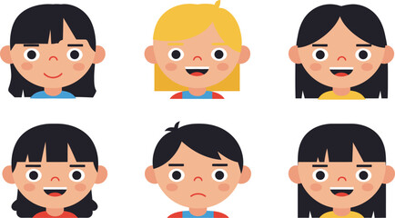 Collection of six diverse cartoon children avatars with different hairstyles and expressions on a white background representing various emotions and individuality