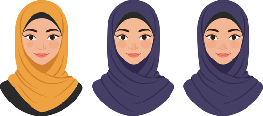 Three diverse muslim women wearing colorful hijabs showcasing different styles of islamic headscarf fashion and cultural representation