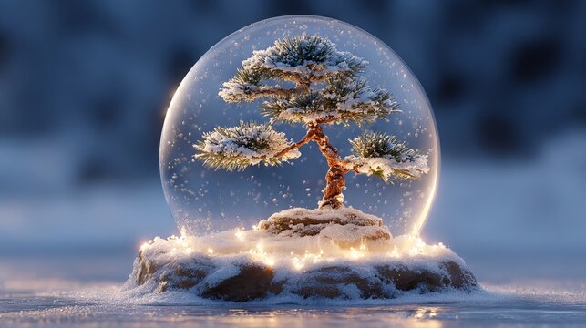 Snow globe on glowing ice with floating pine bonsai, sparkling winter scene, clear crystal ball decoration, serene holiday ambience, dreamy lighting and gentle frost, copy space for branding - Powered by Adobe