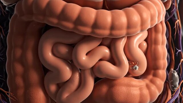 Detailed Anatomy of Human Digestive System Animation Showing Large Intestine Small Intestine and Abdomen on Dark Background for Medical Illustration and Education Purposes