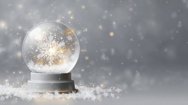 Empty snow globe template vector illustration glass snowball with falling snow and snowflakes on gray base mockup with copy space for lettering winter holiday decoration banner poster card design - Powered by Adobe