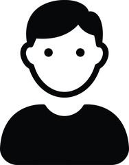 Simple black and white silhouette icon of a person with short hair and a t shirt representing a user profile or avatar