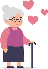 Sweet elderly woman with glasses and a cane surrounded by floating hearts representing love and affection on a white background
