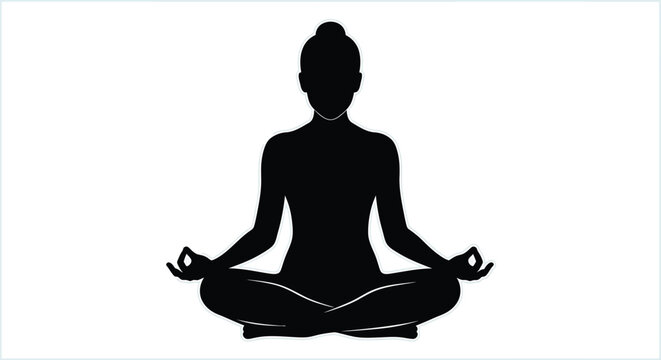 Silhouette of a woman meditating in a serene yoga pose with hands in gyan mudra on a white background