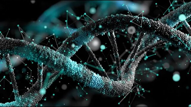 DNA Print. CRISPR innovation. AI bioengineering. Genetic engineering. Biotechnology medicine. Abstract representation of DNA structure with glowing elements.
