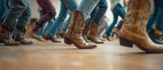 People dancing with cowboy boots on a wooden floor