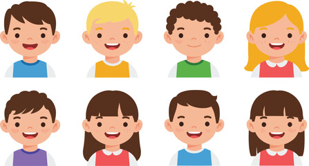 Diverse group of eight happy cartoon children with different hair colors and styles smiling joyfully in a clean illustration