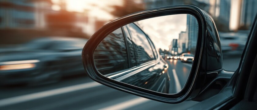 Car side mirror reflection of city traffic and blurred background