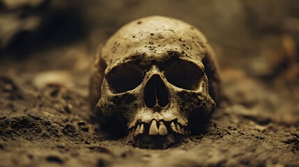 A human skull with a dark background, dirt and bones surrounding it.