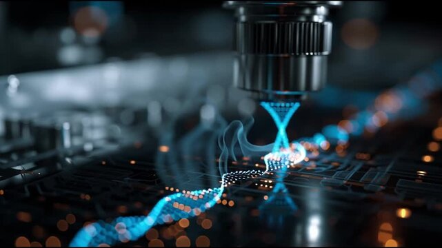 DNA Print. CRISPR innovation. AI bioengineering. Genetic engineering. Biotechnology medicine. A close-up of a futuristic liquid dispensing device on a circuit board.